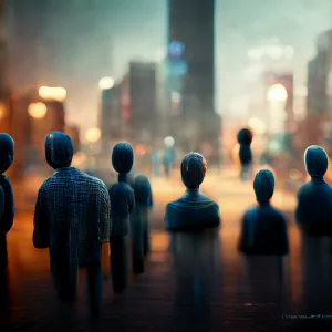 AI art: the backs of people in front of a city