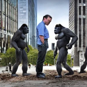 AI art generated image: man between two gorillas in front of modern city
