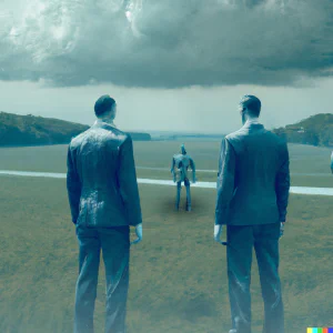 AI Art: two men in suits in front of a cloudy landscape with a robot in the distance