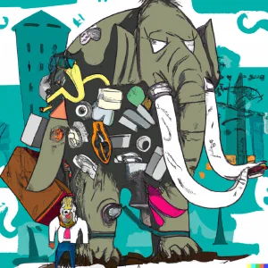 AI Art:  Comic drawn mastodon in front of a city with trash sticking to it