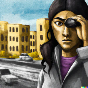 AI painting of a woman spy in front of a city