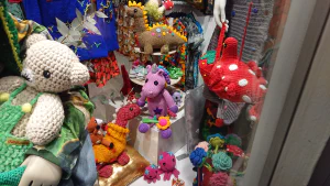 Crotchet puppets in a shop window