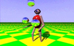 The Amiga Juggler demo: a raytraced figure juggling three mirrored spheres above a yellow-and-green checkerboard floor